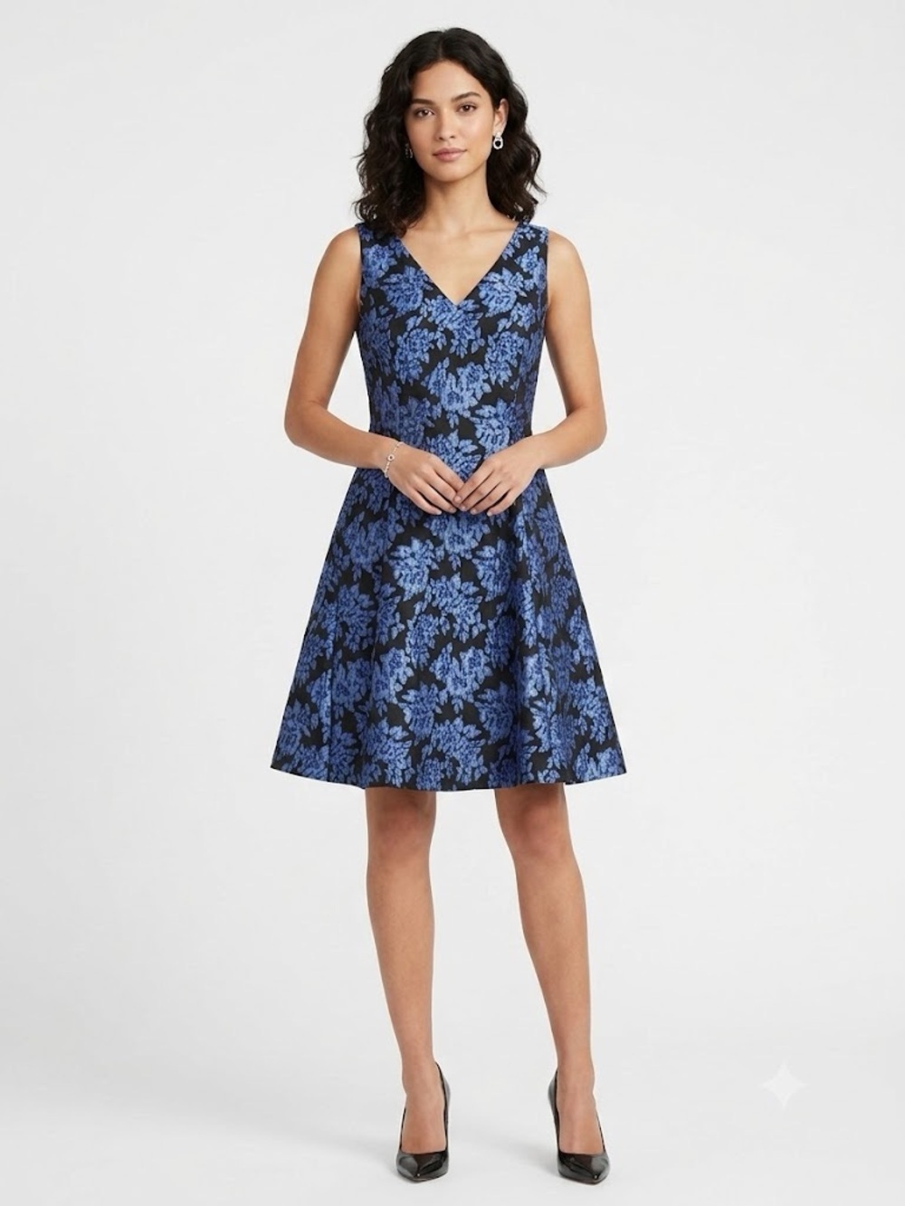 Donna Karan NY Black Blue Floral Jacquard Fit & Flare Midi Dress Sleeveless
